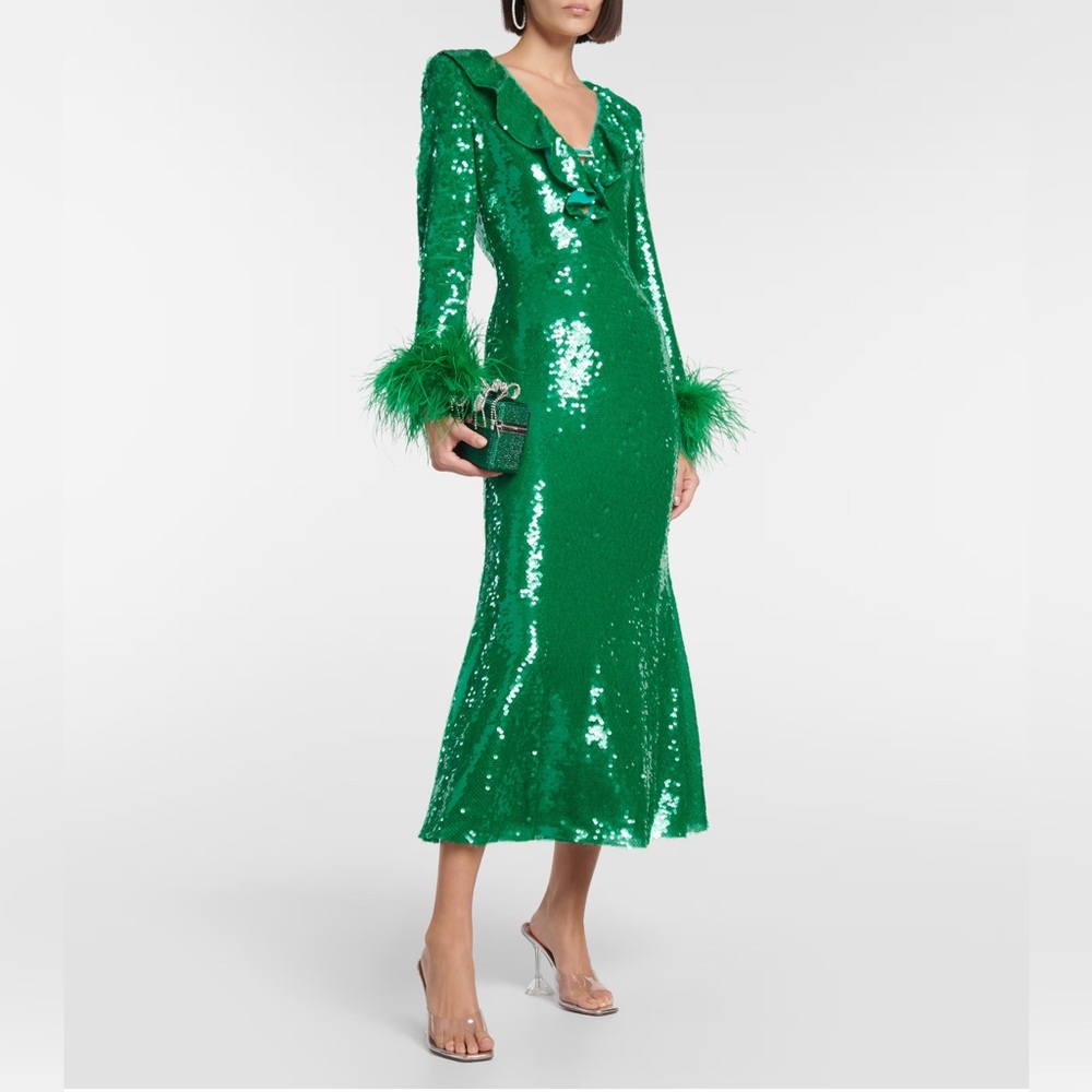 NWOT Self-Portrait Feather-Trimmed Sequined Midi Dress. Size  8 - Picture 4 of 16